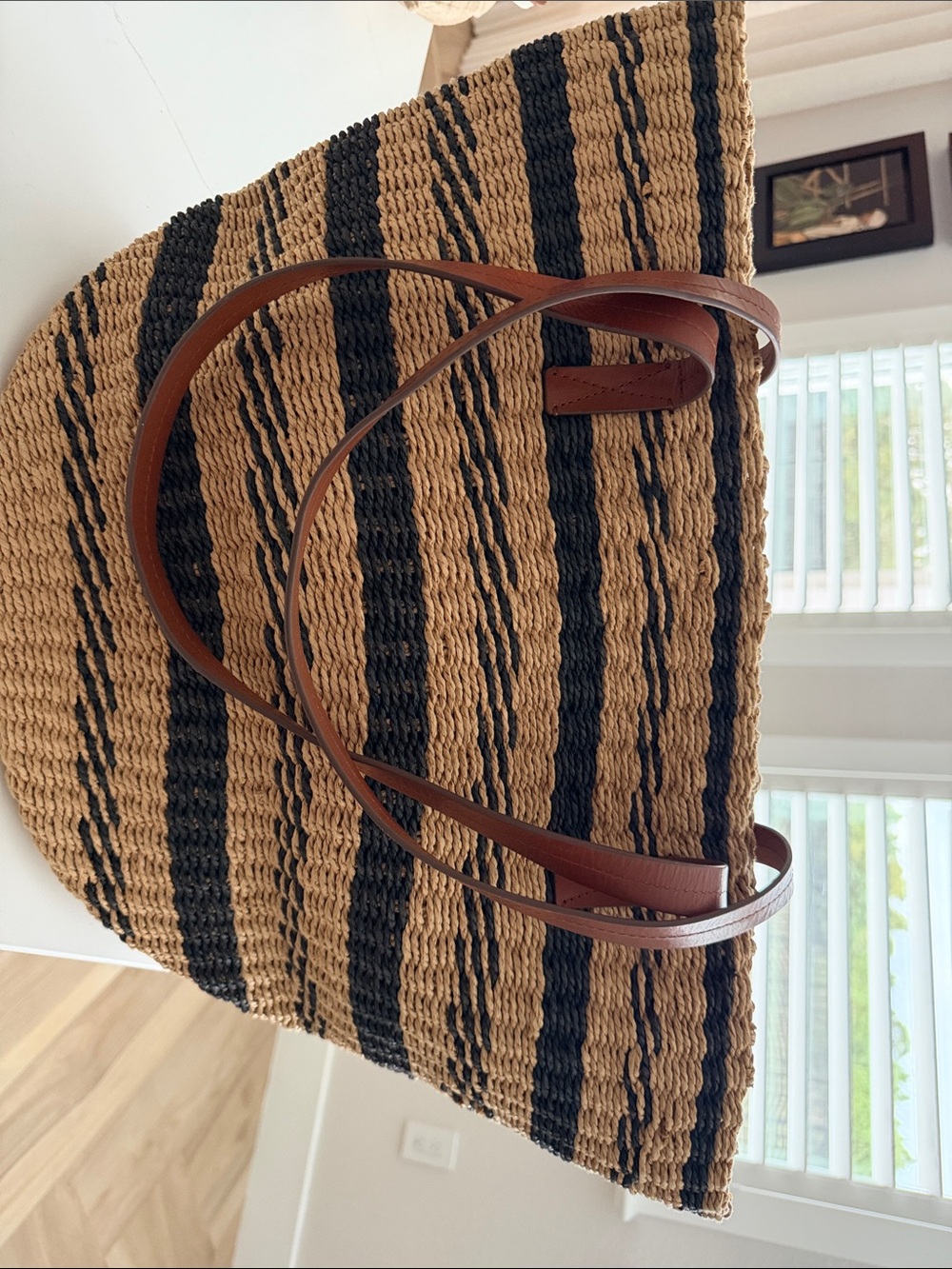 J. Crew Striped Woven Straw Tote in Black and Brown